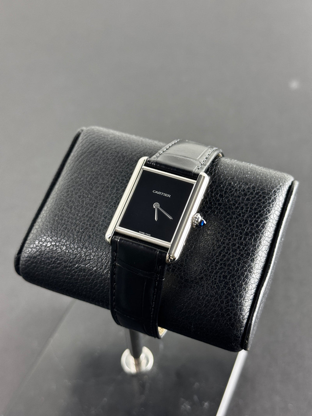 Cartier Tank Must large model in steel with a black dial and black alligator strap