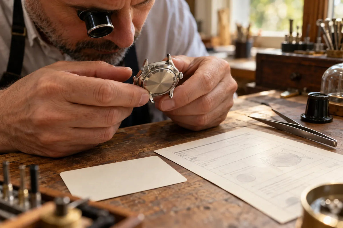 Watchmaker examining a watch case under a loupe, with a warranty card and an archive extract on the workbench