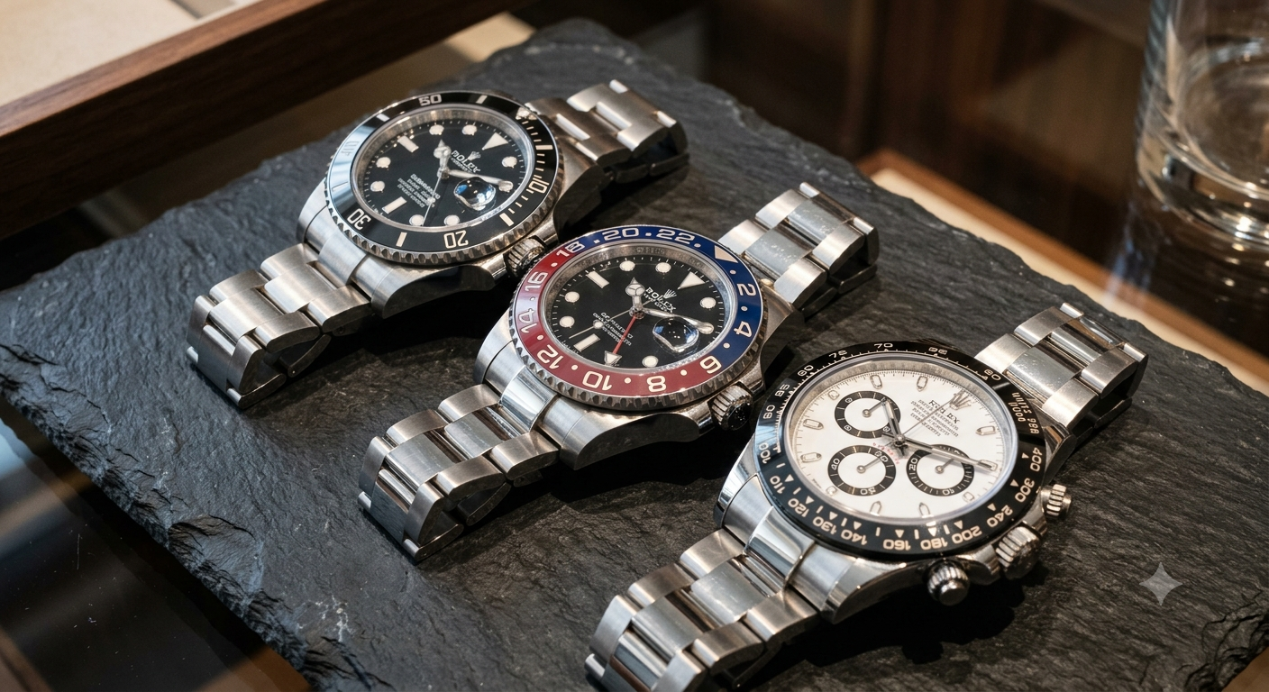 Three Rolex Submariner, GMT-Master II and Daytona watches displayed on a slate surface in a luxury boutique