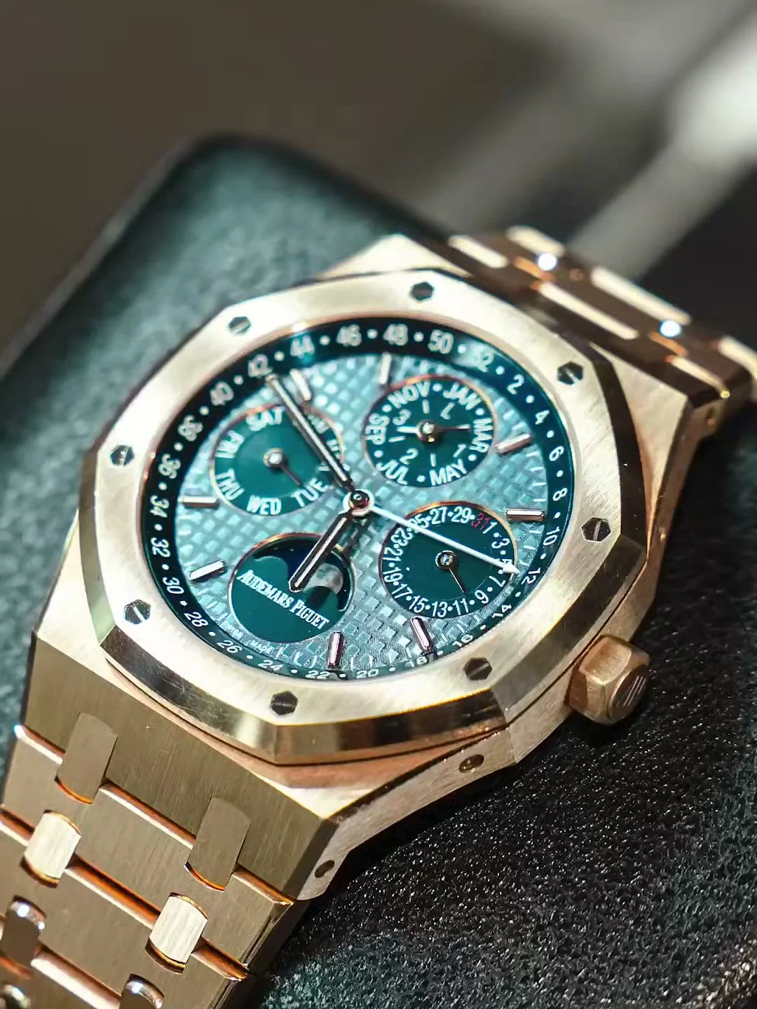 Audemars Piguet Royal Oak perpetual calendar in rose gold with a blue-green Grande Tapisserie dial