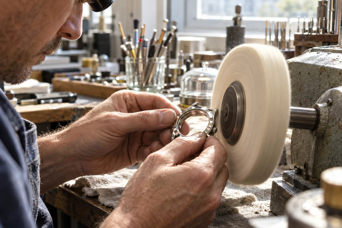 Luxury watch polishing: watchmaker holding a steel case against a felt wheel in a bright workshop