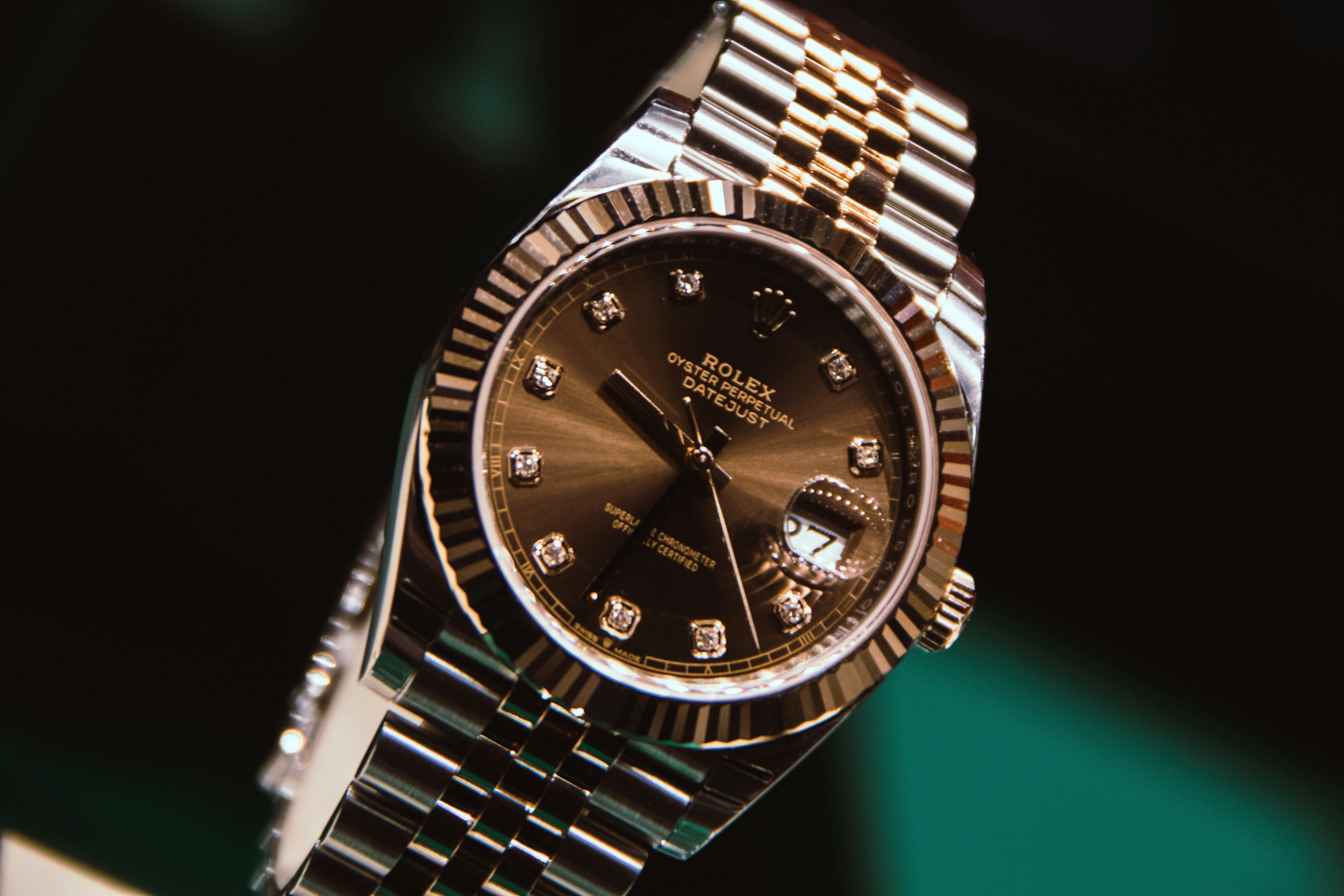 Close-up of a Rolex Datejust in stainless steel with a diamond-set dial, a popular model for those looking to buy a Rolex in Montreal.