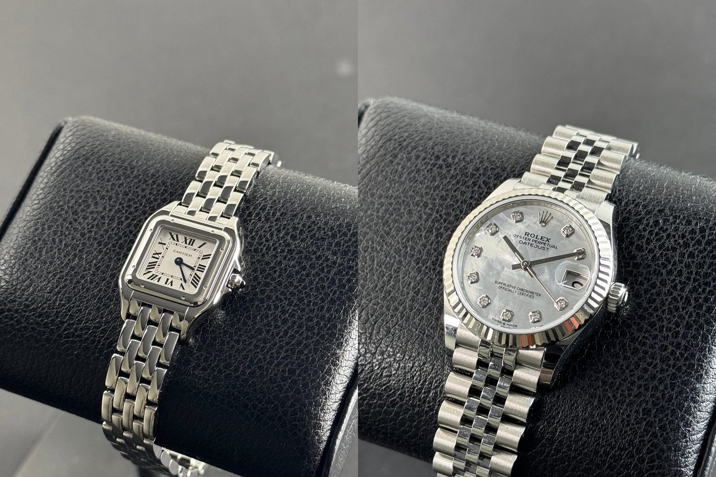 Women’s luxury watches, Cartier Panthère and Rolex Datejust, at Honos Watches in Montreal