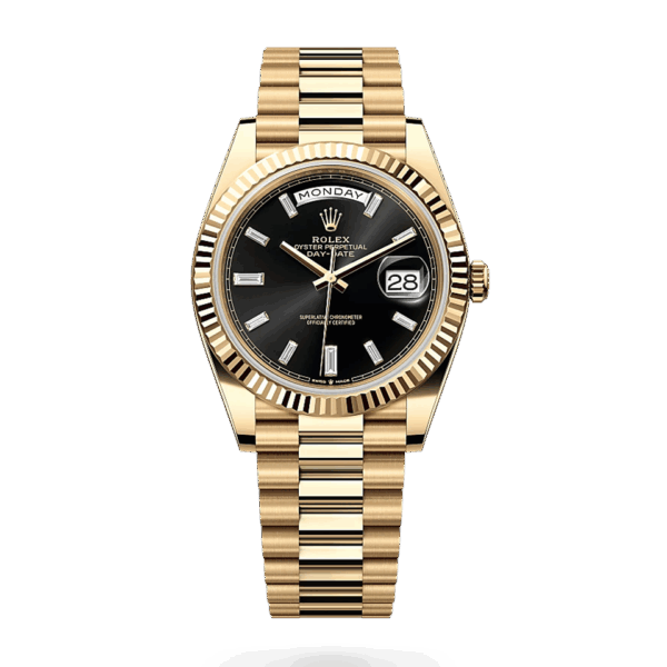 Rolex Day Date 40 Yellow Gold Black Baguette